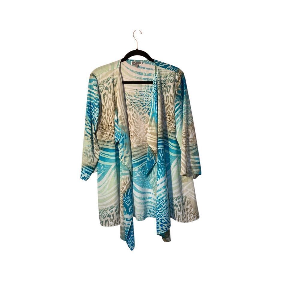 JM Collection Woman’s Open Front Blue & Tan Cardigan Size Large